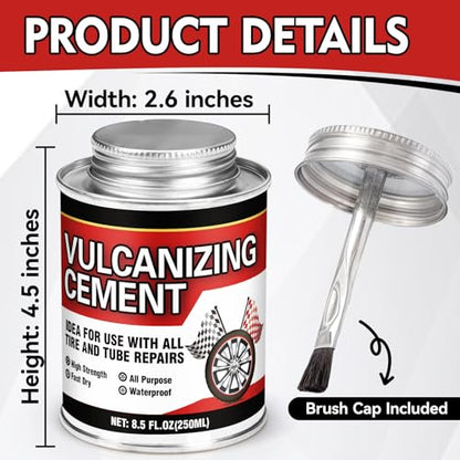 Chemical Vulcanizing Cement 8.5FL.Oz, Heavy Duty Rubber Cement Glue with Brush, Multipurpose Tire Repair Adhesive for Car, Motorcycle, Bike Tires