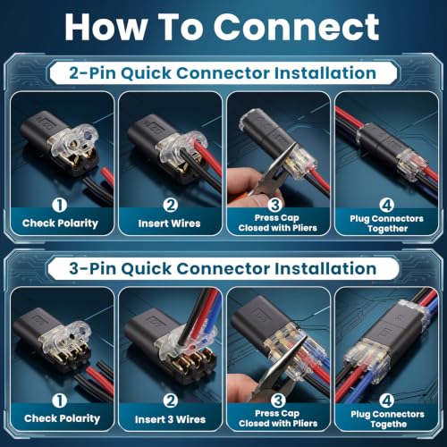 100Pcs Quick Disconnect Wire Connectors Kit, 80x 2-Pin & 20x 3-Pin Double Wire Plug-in Connectors with Locking Buckle, Electrical Connectors for LED Strip Lights, Automotive (Storage Box)