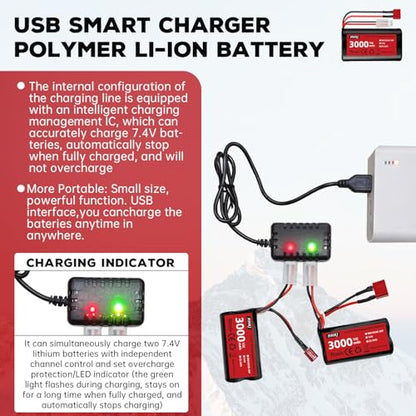 2PCS 7.4V 3000mAh 15C 2S T Plug Rechargeable Li-ion Battery with 1 to 2 Charger for 4WD High Speed RC Car and Most 1/12, 1/16, 1/18 Scale RC Car,Truck RC Ship Engineering Vehicle Backup Battery