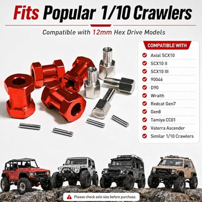 4PCS 12mm Hex Hub 20mm Aluminum Extension Hex for Axial SCX10 D90 90046 | 20mm CNC Wheel Hex Extenders for 1/10 RC Crawlers Redcat Gen7/Gen8 CC01 RC4WD Wider Stance & Tire Clearance with M4 Nuts Pins - color: red