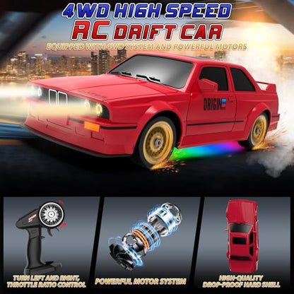 Remote Control Cars 1:16 Scale RC Drift Car 2.4Ghz 30KM/H High Speed 4WD RTR Racing Car with Drift Tires LED Lights 2PCS Rechargeable Batteries RC Sport Cars Toys for Adults Boys Girls Kids Gift - color: Red