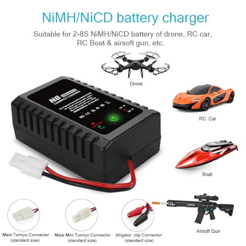 NiCD NiMH Battery Charger for 2-8S Battery Packs of Airsoft RC Car Drone | Fast RC NiCD NiMH Battery Chargers Compatible with Standard Tamiya/Mini Tamiya/Alligator Clips Connectors