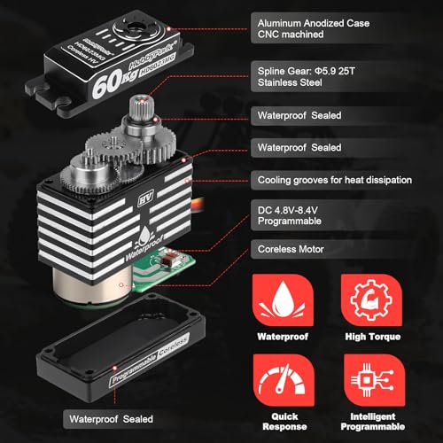 HobbyPark Waterproof 828oz-in 60KG High Torque Servo Coreless Motor 8.4V HV Servo Metal Gears Digital Servo Programmable for 1/8 1/10 1/12 RC Crawler RC Truck RC Cars Buggy Robotic Control Angle 180°