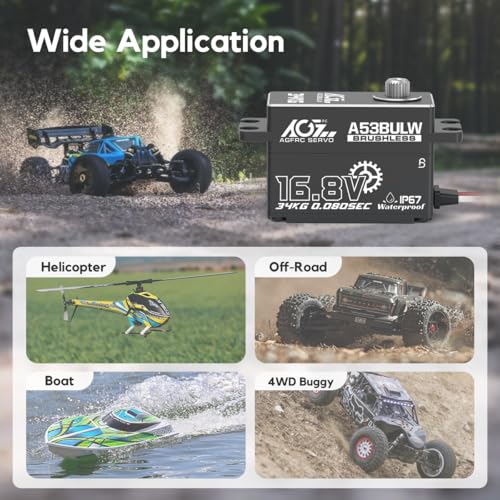 AGFRC A53BULW 34KG 16.8V Waterproof Low-Profile RC Servo | 0.08Sec Speed, 16.8V Direct Power, Brushless Motor, Programmable, Full Metal Gears, Fits 1/10 1/8 RC Cars