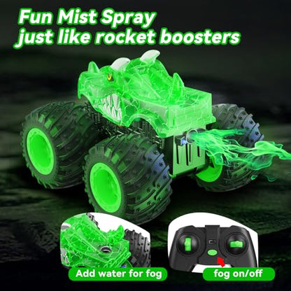 AUUGUU Remote Control Car, 2.4GHz Monster Trucks Toys with Light Spray, Birthday Gift for Kids 3 4 5 6 7 8, All Terrain RC Cars, Toddler Toys for Boys Girls 3+ Year Old (Dinosaur-Green) - style: Dinosaur-green