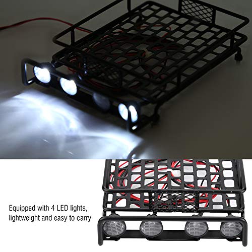 Large Size Roof Rack Luggage Carrier with LED Light Round, RC Roof Rack for Axial SCX10 1/10 Scale RC Crawler Car, Metal RC Roof Rack with 4 LED Lights, Remote Control Function, Du (White Light)