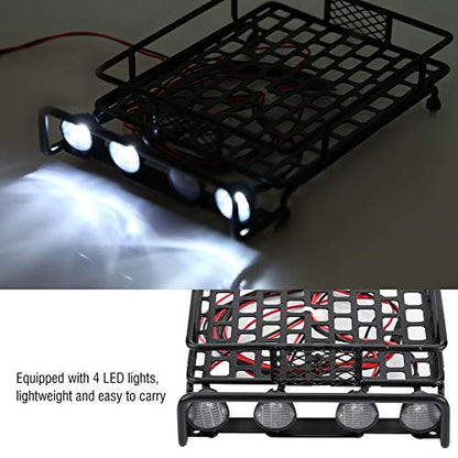 Large Size Roof Rack Luggage Carrier with LED Light Round, RC Roof Rack for Axial SCX10 1/10 Scale RC Crawler Car, Metal RC Roof Rack with 4 LED Lights, Remote Control Function, Du (White Light)