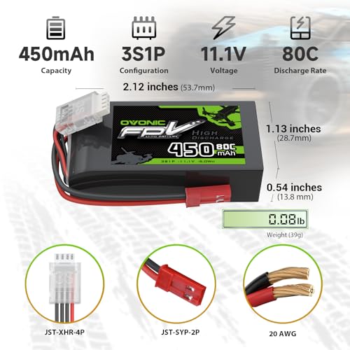 OVONIC 11.1V 80C 450mAh 3S Lipo Battery with JST Plug [1 Package Including 2 Batteries]