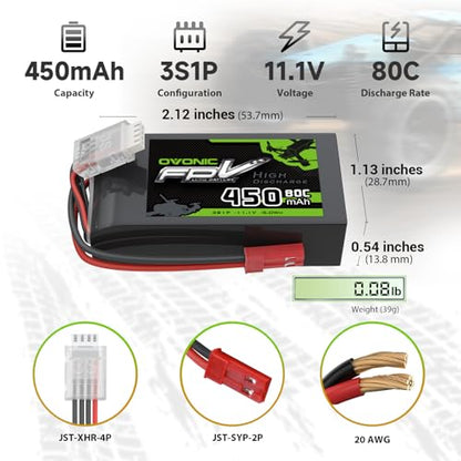 OVONIC 11.1V 80C 450mAh 3S Lipo Battery with JST Plug [1 Package Including 2 Batteries]