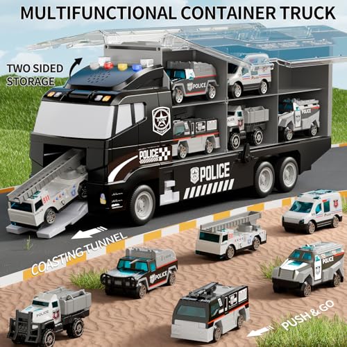 NIPLOOOW Toddler Boys Toys for 3 4 5 6 Years Old, Police Truck Vehicle Toy Set with Play Mat and Die-Cast Toy Car, Transport Carrier Truck for Kids, Birthday Gifts Toys for 3 4 5 6 7 8+ Year Old Boys - style: Police truck