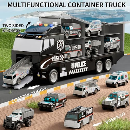 NIPLOOOW Toddler Boys Toys for 3 4 5 6 Years Old, Police Truck Vehicle Toy Set with Play Mat and Die-Cast Toy Car, Transport Carrier Truck for Kids, Birthday Gifts Toys for 3 4 5 6 7 8+ Year Old Boys - style: Police truck