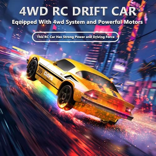 Remote Control Car RC Drift Car 2.4GHz 1:24 4WD 15KM/H High Speed Racing Sport Car with LED Lights Drifting Tire Racing Sport Toy for Adults Boys Girls Kids Gift - color: Yellow