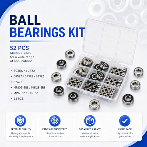 Ball Bearings Kit, 10 Sizes Skateboard Roller Bearing 608 Included, 52 PCS | Small Sealed Skate Bearing, 608zz 608rs 8mm included, Miniature Rollerblade for Longboard Skateboarding Wheels 3D Printing