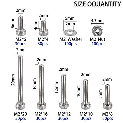 410Pcs Tiny Hex Socket Head Cap Screws Bolts, 304 Stainless Steel M2 x 4/6/8/10/12/16/20mm, Micro Allen Head Machine Screws, Nuts and Washers Kit with Hex Wrench, Fully Threaded Pitch: 0.4mm - color: Silver-410Pcs M2 Socket Cap Head Screw-304
