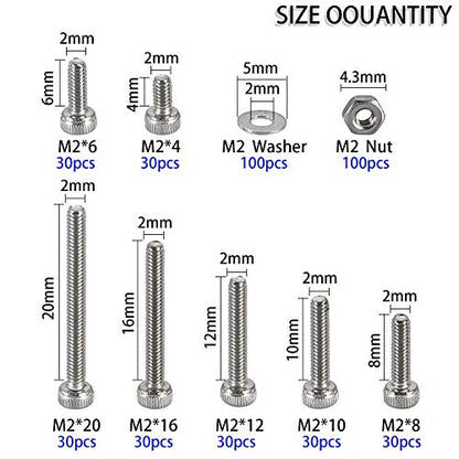 410Pcs Tiny Hex Socket Head Cap Screws Bolts, 304 Stainless Steel M2 x 4/6/8/10/12/16/20mm, Micro Allen Head Machine Screws, Nuts and Washers Kit with Hex Wrench, Fully Threaded Pitch: 0.4mm - color: Silver-410Pcs M2 Socket Cap Head Screw-304