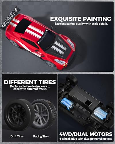 Drift RC Car, 1:20 Scale 2.4GHz 4WD 20KM/H Remote Control Cars | drift tires & racing tires, 2 batteries, LED lights, proportional throttle control, red - color: Red