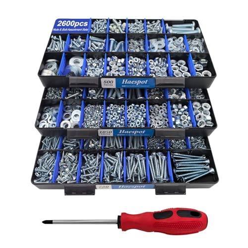 2600 Piece Bolt and Nut Hardware Assortment Kit with Diverse Bolts, Screws, Washers & Nuts–DIY-Friendly, 3-Tier Storage for Home Projects