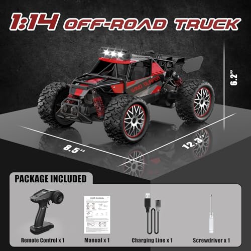 High Speed 30+KM/H Remote Control Car, 1:14 RC Cars for Boys Age 8-12, 2.4 GHz All Terrain RC Truck, Ideal Gifts Off-Road RC Car for Adults Kids with 2 Rechargeable Batteries