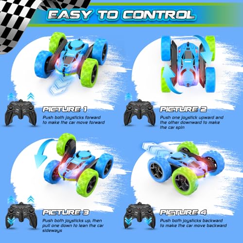 cosone Blue Green RC Car for Kids | Rechargeable Remote Control, 360° Rotation Stunt Car, Double-Sided Driving, LED Lights, 2.4GHz Off Road - color: Blue&green Pro