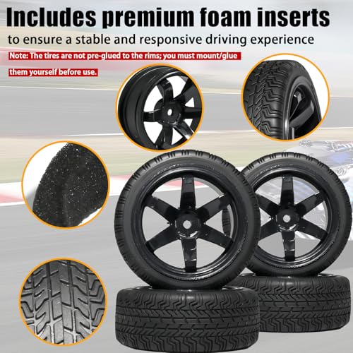 OD 2.65" On Road Rubber Tires Plastic Wheel Rims 12mm Hex for 1/10 RC Car | Compatible with MJX HSP Tamiya HPI Kyosho Traxxas Sakura Redcat WLtoys 1/10 RC On-Road Racing Touring Car (4pcs, Black) - style: D-Black