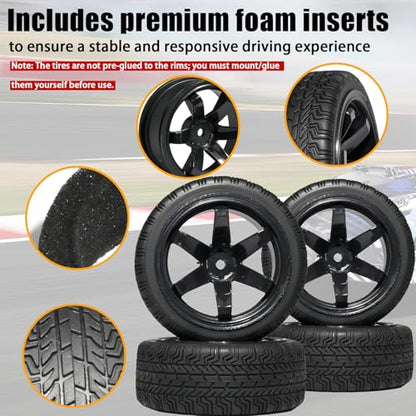 OD 2.65" On Road Rubber Tires Plastic Wheel Rims 12mm Hex for 1/10 RC Car | Compatible with MJX HSP Tamiya HPI Kyosho Traxxas Sakura Redcat WLtoys 1/10 RC On-Road Racing Touring Car (4pcs, Black) - style: D-Black