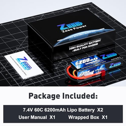 Zeee 2S Lipo Battery 6200mAh 7.4V 60C with T Connector (2 Pack) | Hard Case Battery for RC Vehicles Car Truck Truggy Boat Racing Hobby