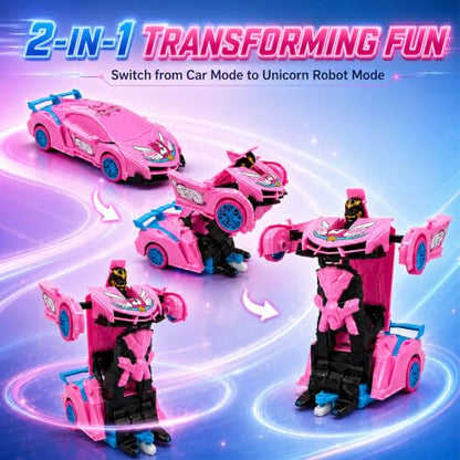 Unicorn Remote Control Car Toy for Girls, 2.4GHz RC Stunt Car with Lights | Magical 2-in-1 Unicorn Robot Car with One-Button Transformation, 360° Rotation, Racing Fun Gift Toys for Girls Ages 4-7