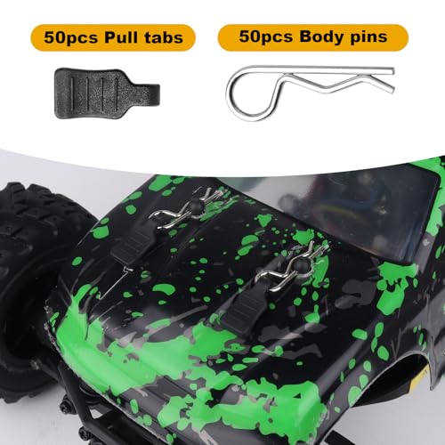 HobbyPark 50pcs Universal 1/16 1/18 RC Body Clips with Pull Tabs RC Car R Pins Small for SCX24 Traxxas TRX4M Redcat HPI Himoto HSP Exceed Truck Buggy Shell Replacement Parts - size: 1.0mm Rod Silver Clips and Tabs
