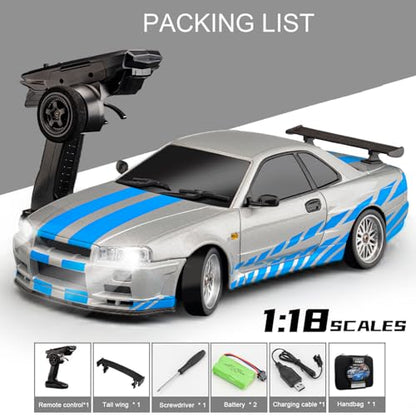 FLYCOLOR LD1899 1/18 RC Drift Car GTR R34 2.4GHz RWD with Gyroscope on-Road Alloy Body Shell Racing Cars Radio Control (Blue Grey) - color: Grey