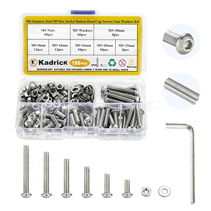 KADRICK 180PCS M5 Screw Kit,Hex Socket Button Head M5 Bolts 8mm-30mm | 304 Stainless Steel,M5 Screws Nuts Washers Kit with 1 Hex Allen Wrench - size: SS M5 180Pcs 10-30mm