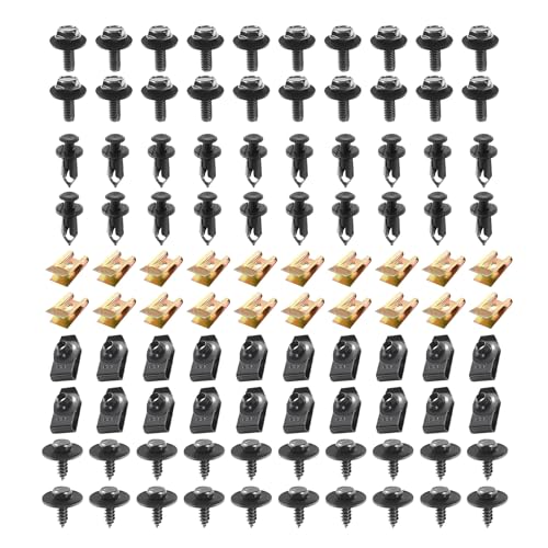 100 PCS Car Body Fender Bumper Splash Guard Fixing Clips, U-nut Self-Tapping Screw Rivet 5 Type Assortment Kit, Engine Under Cover Fastening Bolts, for Most Vehicles (Black)