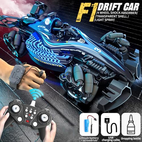 RC Stunt Car, Gesture Sensing Remote Control Car with Sound Lights and Spray, 2.4GHz 4WD 360° Rotating RC Cars with 3 Batteries for Teens (Blue) - color: Blue, size: 3 Batteries