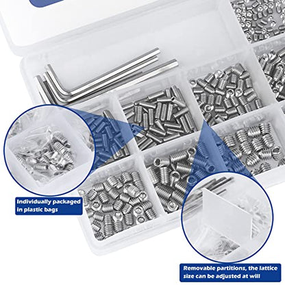 1000pcs Metric + SAE Set Screw Assortment Kit, Internal Hex Drive Cup-Point Allen Screws Set 304 Stainless Steel Grub Screw (M3-M8, 1/8""-40 to 5/16""-18) - color: Silver Set Screws 1000PCS