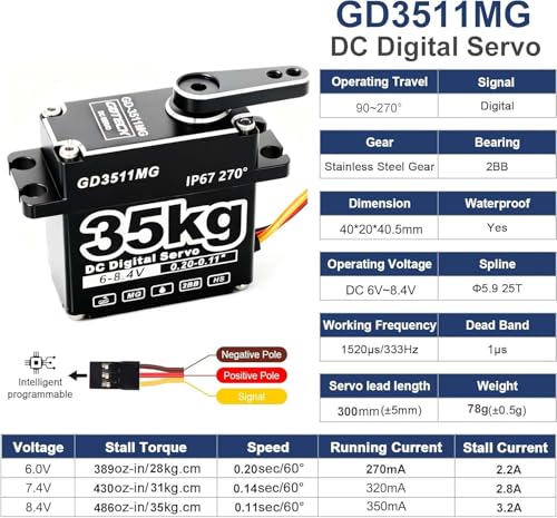 GOTECK 35KG Digital Servo,Large Torque 8.4V Full Metal Gear IP67 Waterproof Steering Servo with 25T Servo Horn for 1/8 1/10 1/12 RC Crawler Car,Robot,Boat,Truck Robot Parts (35KG(8.4V)-270°)