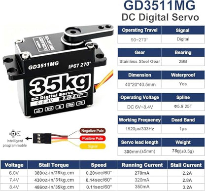GOTECK 35KG Digital Servo,Large Torque 8.4V Full Metal Gear IP67 Waterproof Steering Servo with 25T Servo Horn for 1/8 1/10 1/12 RC Crawler Car,Robot,Boat,Truck Robot Parts (35KG(8.4V)-270°)