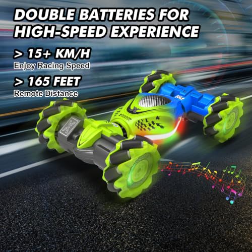 Fosgoit Gesture Sensing RC Stunt Car, Remote Control Car for Boys and Girls | Cool Birthday Gifts, Toys for Boys and Girls Age 6 7 8 9 10 11 12 Years Old, 4WD Remote Control Car, with Lights Music - color: Green-blue
