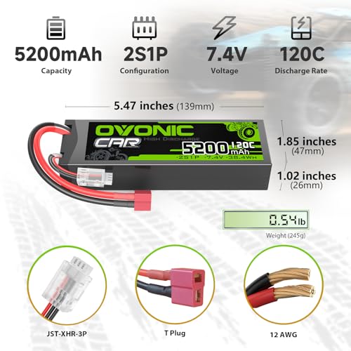 OVONIC 2S LiPo Battery 7.4V 5200mAh 120C with Dean-Style T Plug for RC Car RC Truck Airplane Helicopter Boat Car Racing RC Hobby 2 Packs