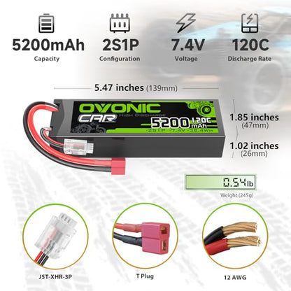 OVONIC 2S LiPo Battery 7.4V 5200mAh 120C with Dean-Style T Plug for RC Car RC Truck Airplane Helicopter Boat Car Racing RC Hobby 2 Packs