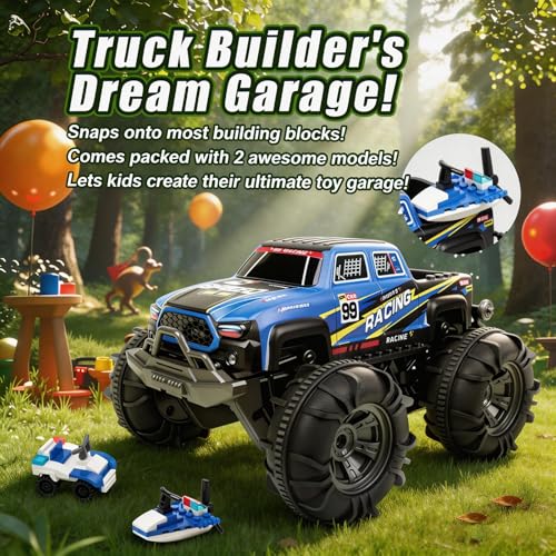 Amphibious Remote Control Car, Monster Trucks for Boys Age 4-7, Monster Truck Toys W/Blocks & 360°Spin, 4WD All-Terrain Off-Road RC Cars with 2 Batteries 100 min, 2.4GHz Pool Toy Gift for Kids - color: Blue