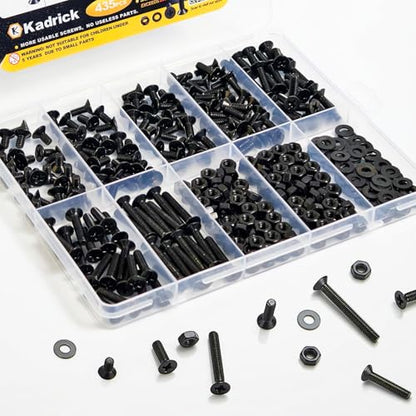 KADRICK 435Pcs M4 Countersunk Screw Kit,Flat Head Bolts 8MM-25MM | M4 Phillips Screws Assortment Kit,Screws With Nut Flat/Lock Washers,Black Zinc Plated - size: M4 435Pcs 8-25mm