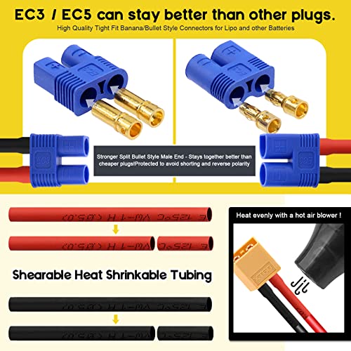 104 Pcs XT60 / XT90 /EC3 / EC5/T-Plug Deans/3.5mm Banana Plug Male Female Adapter Connectors with Heat Shrink Tube and Silicone Wire for RC Battery Charger ESC Motor Accessories