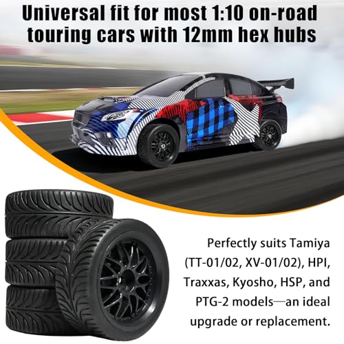 OD 2.55" On Road Rubber Tires Nylon Wheels- 12mm Hex for 1/10 RC Racing Car | Compatible with MJX HSP Tamiya HPI Kyosho Traxxas Sakura Redcat WLtoys 1/10 RC On-Road Racing Touring Car (4pcs, Black) - style: E-Black