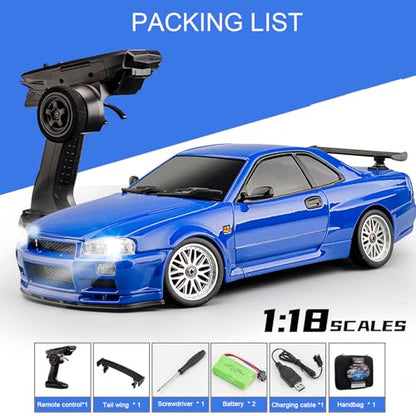 LD1899 1:18 RC Drift Car GTR R34 2.4GHz RWD with Gyroscope on-Road Alloy Body Shell Racing Cars Radio Control (Blue)