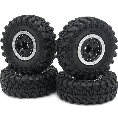 Adjustable Offset 1.0 rc Wheels Rims Silver Black & 1/24 Tires, Heavy 1.0 Beadlock Wheels and Tires for 1:24 RC Crawler Axial SCX24 Upgrade,(4-Pack, Assembled) - color: Silver & Black