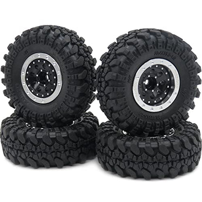 Adjustable Offset 1.0 rc Wheels Rims Silver Black & 1/24 Tires, Heavy 1.0 Beadlock Wheels and Tires for 1:24 RC Crawler Axial SCX24 Upgrade,(4-Pack, Assembled) - color: Silver & Black