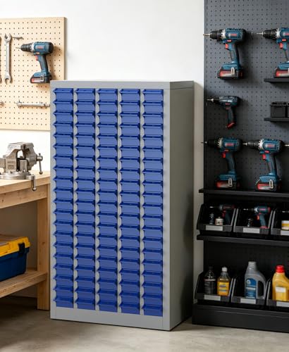 100-Drawer Small Parts Cabinet, Bolt Bins Organizer for Shop, Alloy Steel Frame & ABS Drawers Hardware Storage Cabinet with Label Stickers & Drawer Dividers for Garage Workshop