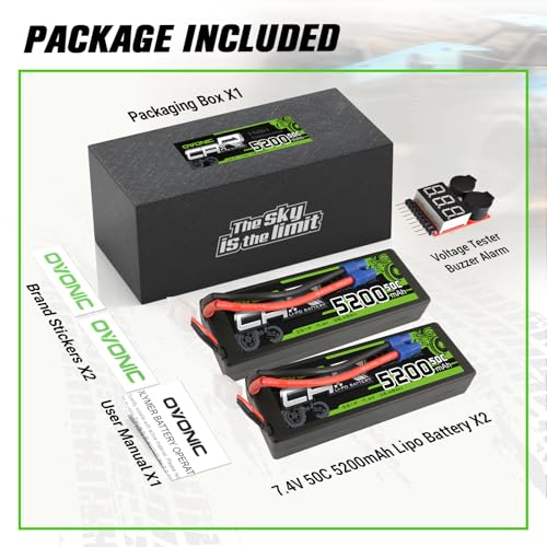 OVONIC Lipo Battery 5200mAh 50C 7.4V 2S RC Battery with EC3 Connector for RC Plane DJI Quadcopter RC Airplane RC Helicopter RC Car Truck Boat 2pcs(with Lipo Voltage Checker)