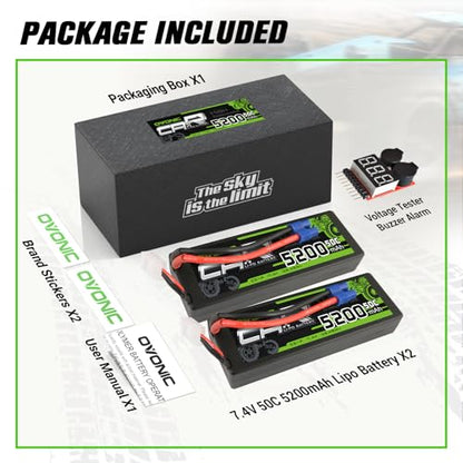 OVONIC Lipo Battery 5200mAh 50C 7.4V 2S RC Battery with EC3 Connector for RC Plane DJI Quadcopter RC Airplane RC Helicopter RC Car Truck Boat 2pcs(with Lipo Voltage Checker)