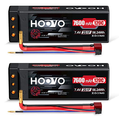 HOOVO 7600mAh 2S Lipo Battery 7.4V 120C RC Battery Hard Case 4mm Bullet with T Plug for RC Drag Car RC Truck Boat DJI Heli Airplane RC Models (2 Packs)