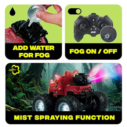 BEZGAR 1:18 Scale Monster Truck Toys, 4WD RC Cars with Music, Mist Spray & LED Light, 360° Stunt Spins RC Truck Dinosaur Toys, Remote Control Car for Boys 4-7(Pink) - color: Pink